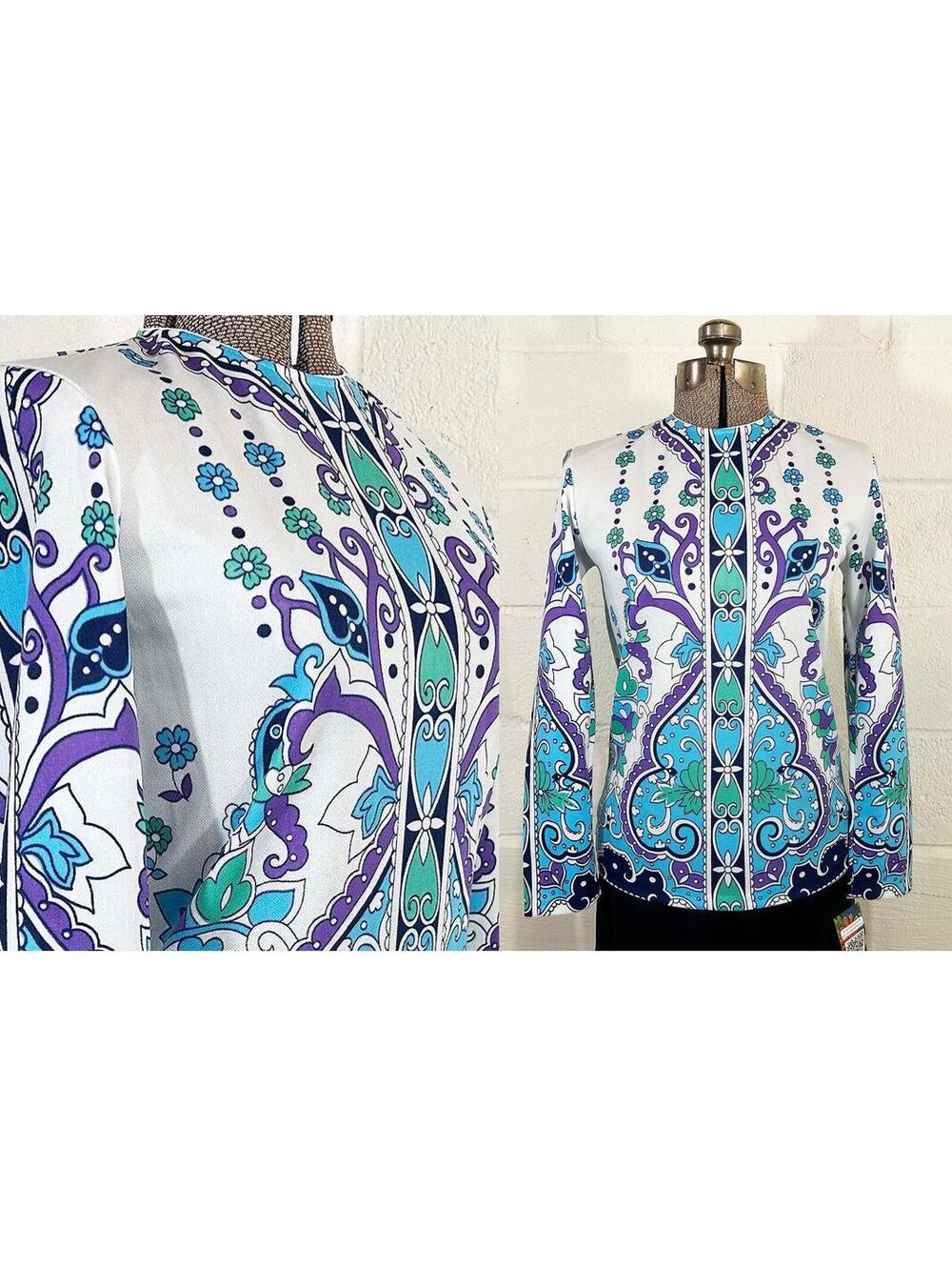 Vintage Psychedelic Top 1960s 1970s Mod Blouse Paisley Blue Purple Green Medium